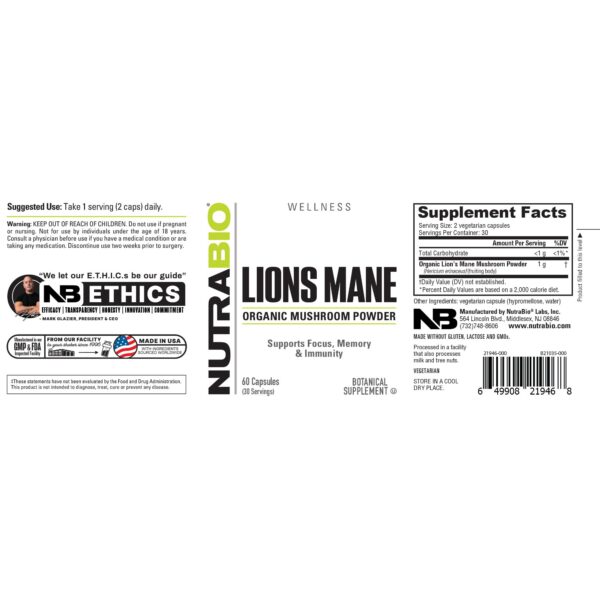Suplemento Melena de León NutraBio cápsulas 500mg