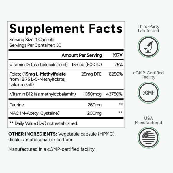 Suplemento metilfolato con Metil B12 y D3 para energía