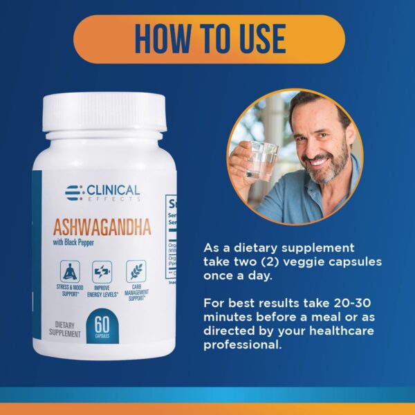 Suplemento natural Ashwagandha Clinical Effects paquete 180 cápsulas