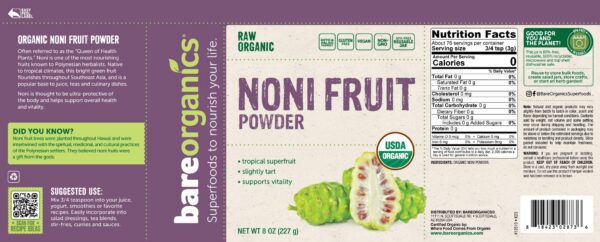 Suplemento natural BareOrganics Polvo de Fruta Noni 8oz