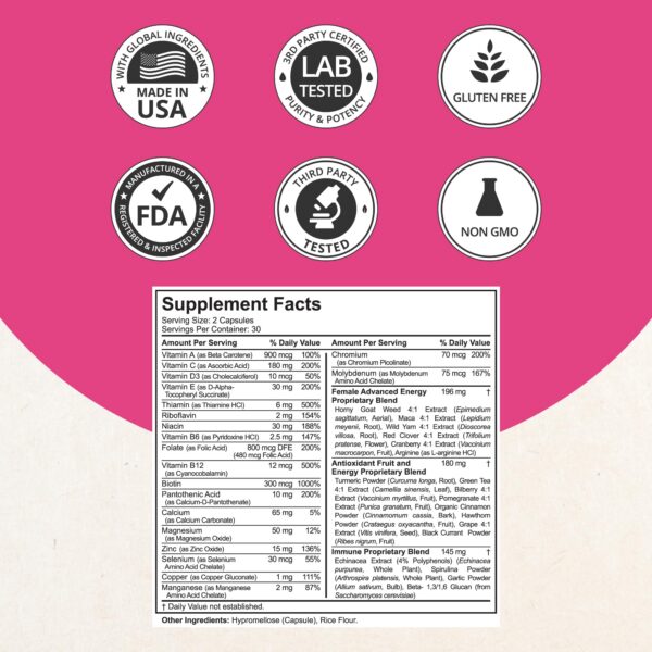 Suplemento NuBest cápsulas para mujeres con hierbas y vitaminas 39 en 1