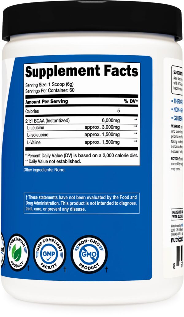 Suplemento Nutricost BCAA polvo sin gluten y sin OGM