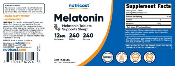 Suplemento Nutricost melatonina 12mg botella 240 tabletas