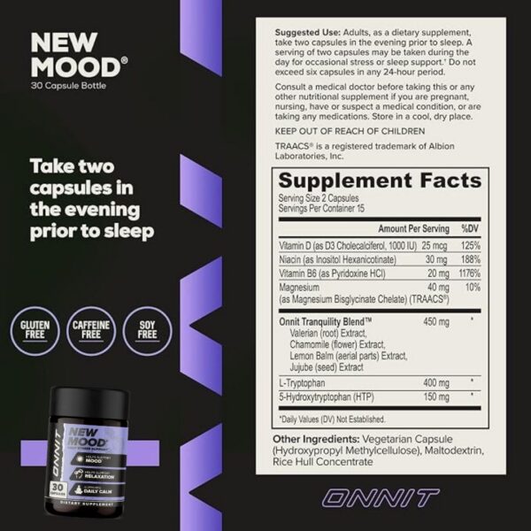 Suplemento ONNIT New Mood sin cafeína para relajación y sueño
