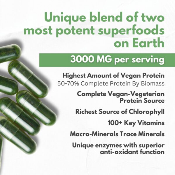 Suplemento orgánico en cápsulas puro de spirulina chlorella
