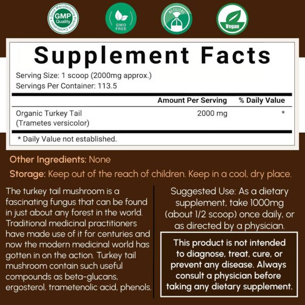 Suplemento polvo de hongo cola de pavo y hojas naturales.