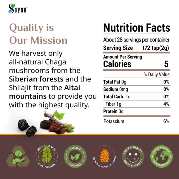 Suplemento Sayan Chaga Shilajit adaptógeno natural energía y sistema inmune