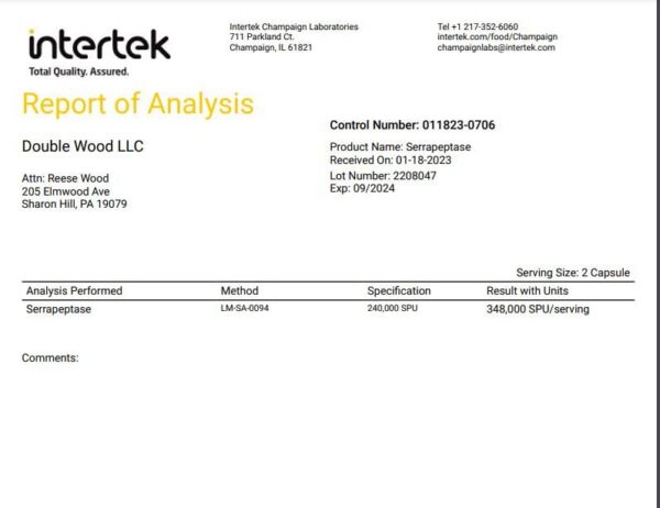 Suplemento Serrapeptasa 240000 SPU 120 cápsulas Double Wood