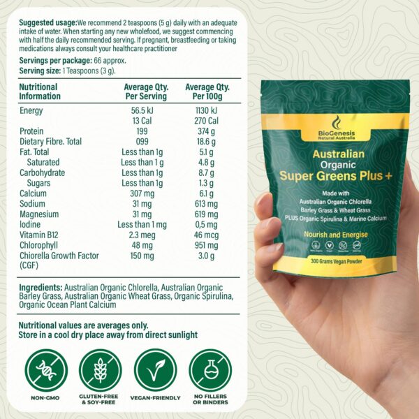 Producto Biogenesis SuperGreens Plus polvo mezcla saludable y vegano