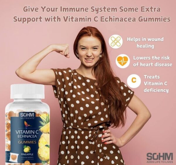 Version 1.0.0 Suplemento SOHM vitamina C y equinácea en mesa de madera