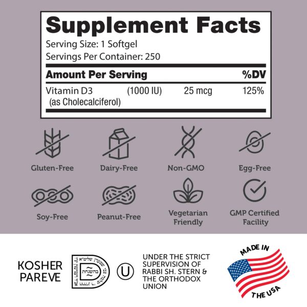 Suplemento de vitamina d3 Zahler para adultos fácil de tragar 250 caps