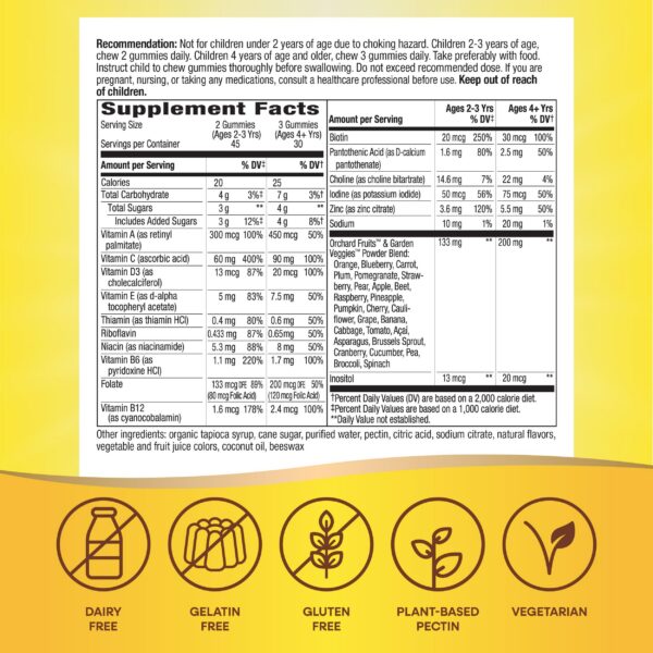 Suplemento vitamínico para niños sin sabores ni conservadores