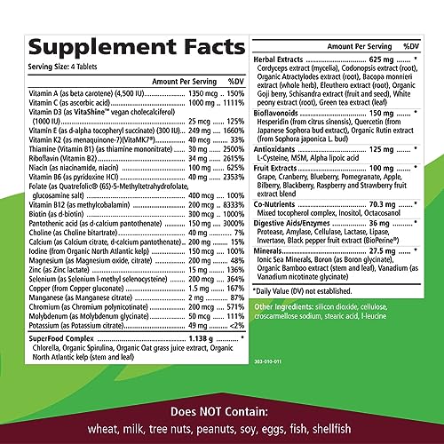Suplemento vitamínico vegano con alimentos integrales y co-nutrientes