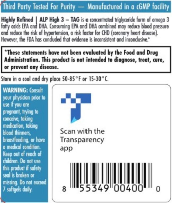Tabla con etiqueta de vitaminas ALP High-3 omega 3
