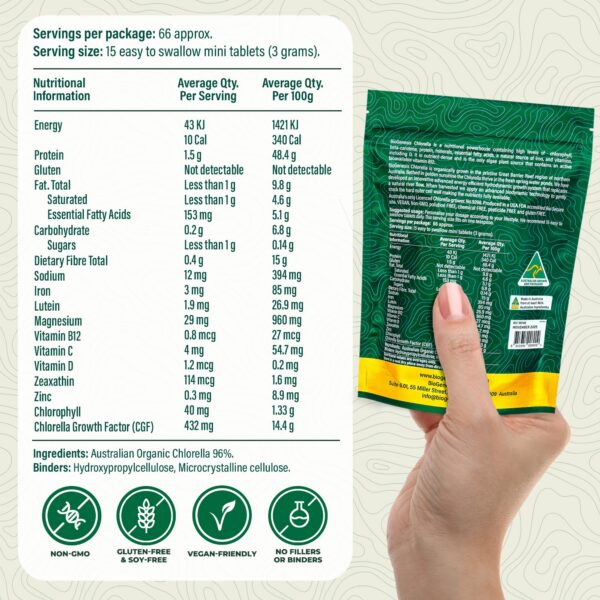 Tabletas de chlorella orgánica, 1000 unidades