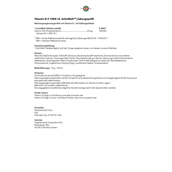 Tabletas kal vitamina d3 1000 ui limon disolución rápida