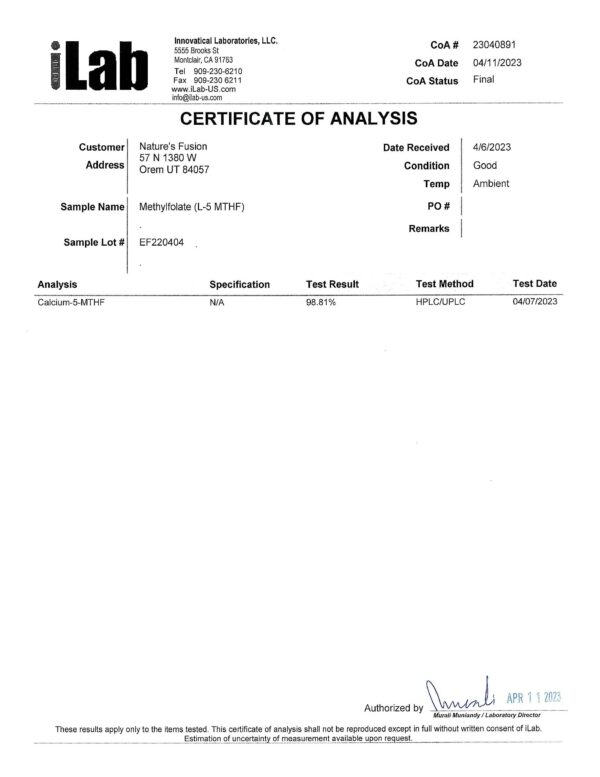 Tabletas veganas suplemento 5-MTHF Nature's Fusions 120 unidades