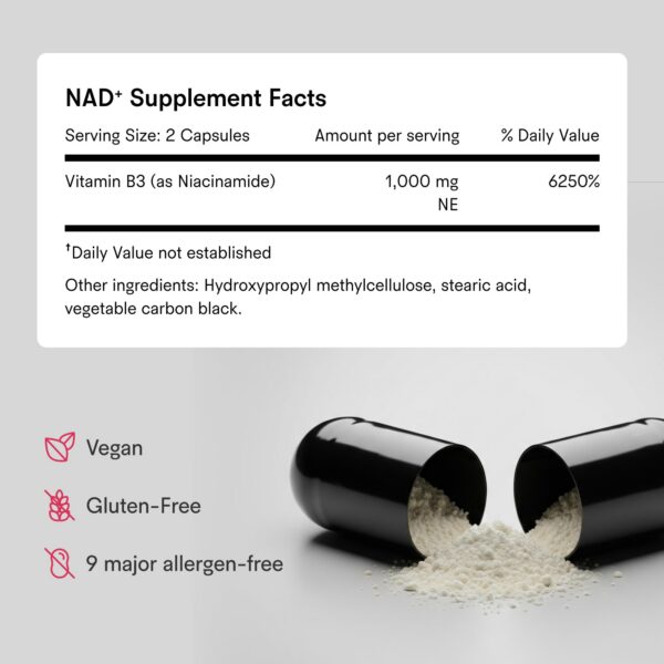 Frasco NAD+ con información de producto