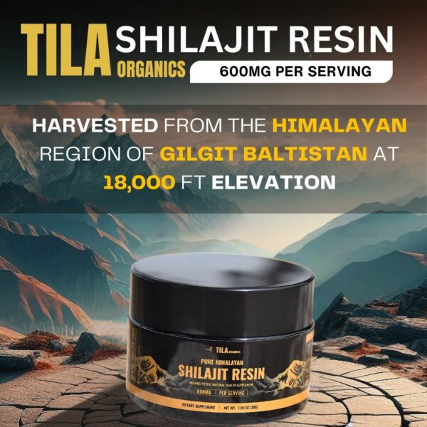 Etiqueta del producto Shilajit Tila y frasco