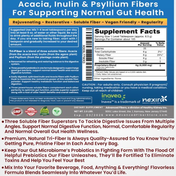 Tri-Fiber polvo digestivo suplemento natural orgánico paquete