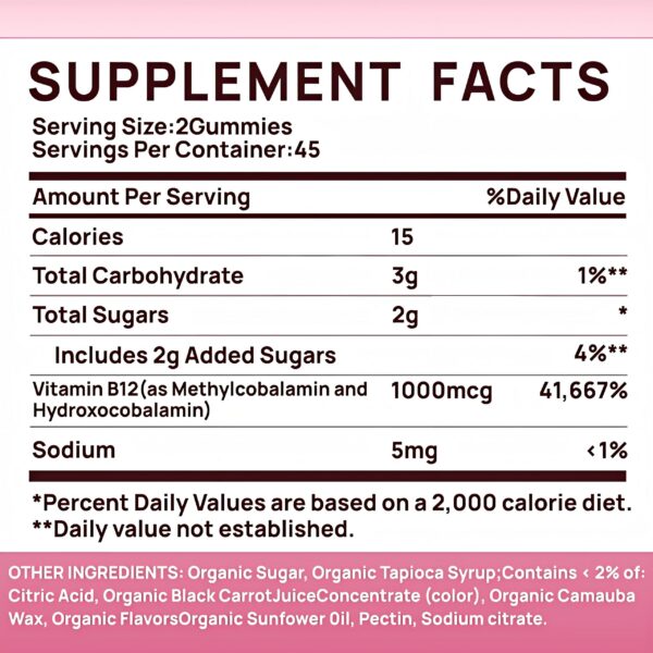 Gomas de vitamina B12 sabor cereza en empaque