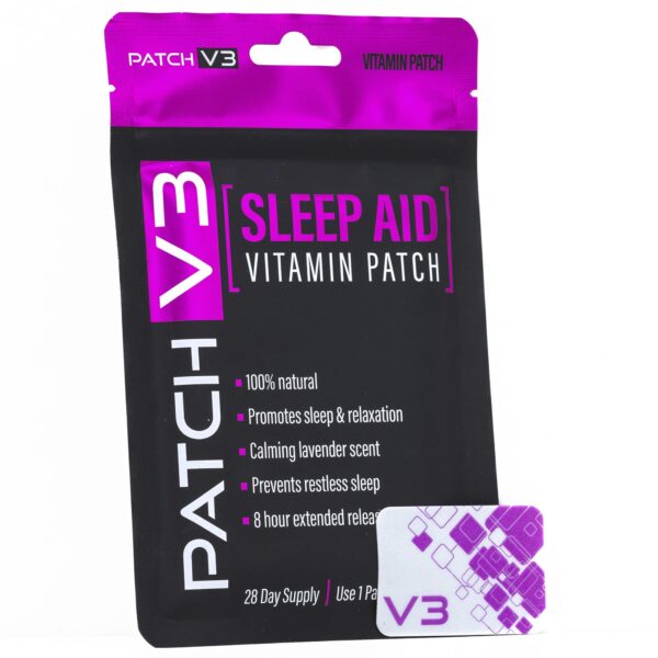 Verso del paquete Patch V3 con ingredientes naturales para sueño