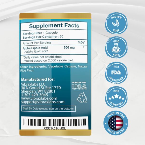 Tabla de información nutricional del producto ALA 600mg