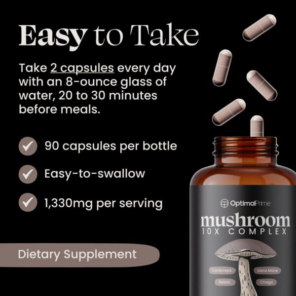 Vista cercana cápsulas Optimal Prime complejo 10 hongos