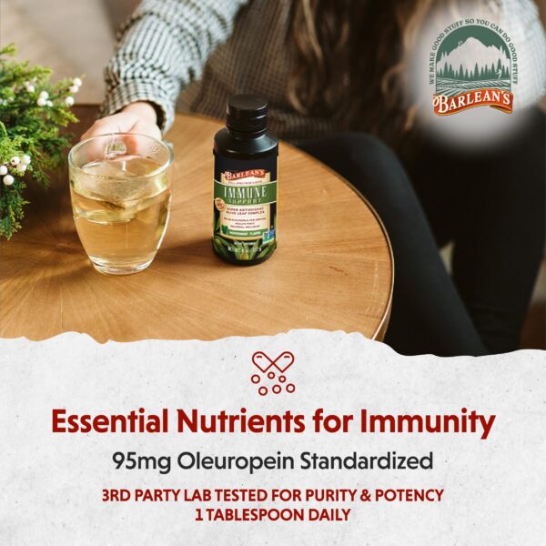 Vista lateral botella Barlean's hoja de olivo y menta