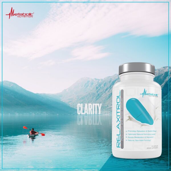 Vista lateral de botella Relaxitrol suplemento natural