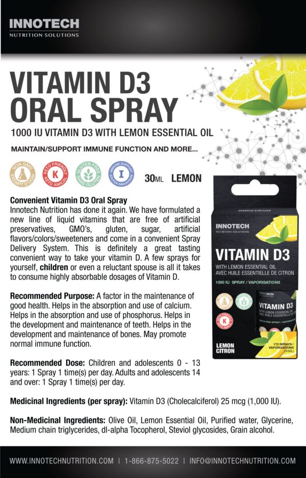 Vista lateral botella spray oral vitamina D3 Innotech Nutrition