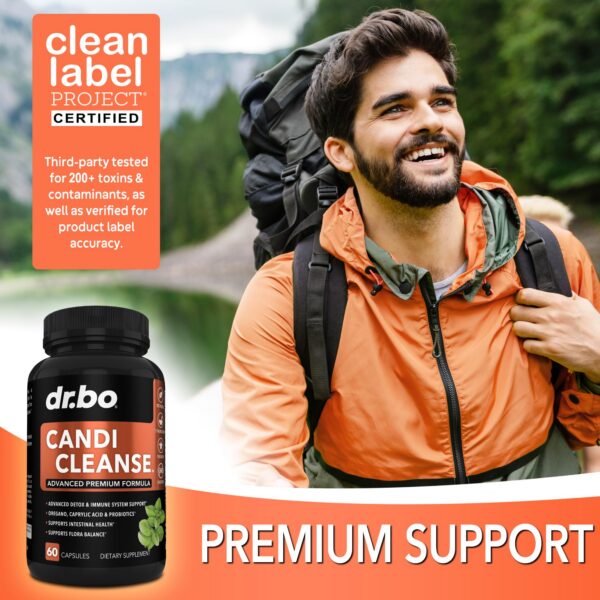 Vista lateral del frasco cápsulas Candi Cleanse para apoyo digestivo y detox