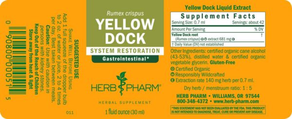 Version 1.0.0 Vista lateral extracto Yellow Dock Herb Pharm 1 onza