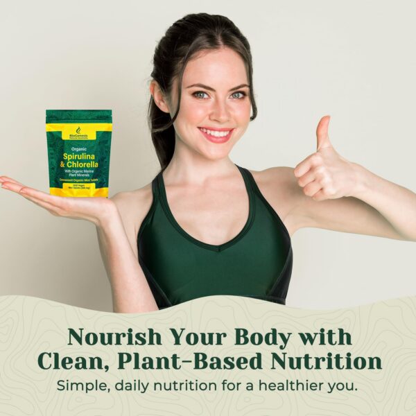 Vista lateral frasco Biogenesis con tabletas de espirulina y chlorella