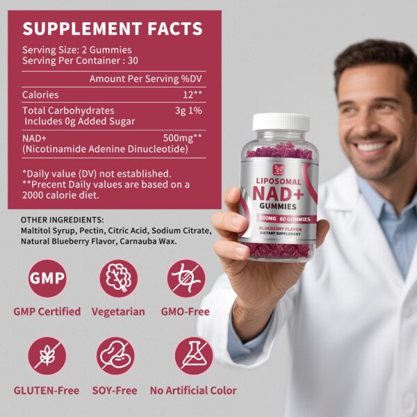 Vista lateral frasco gomitas NAD HUDETEX 120 unidades