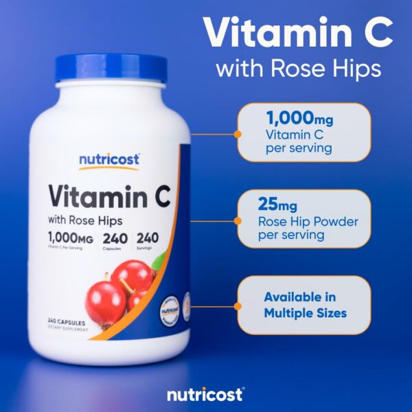 Vista lateral frasco Nutricost vitamina c escaramujo