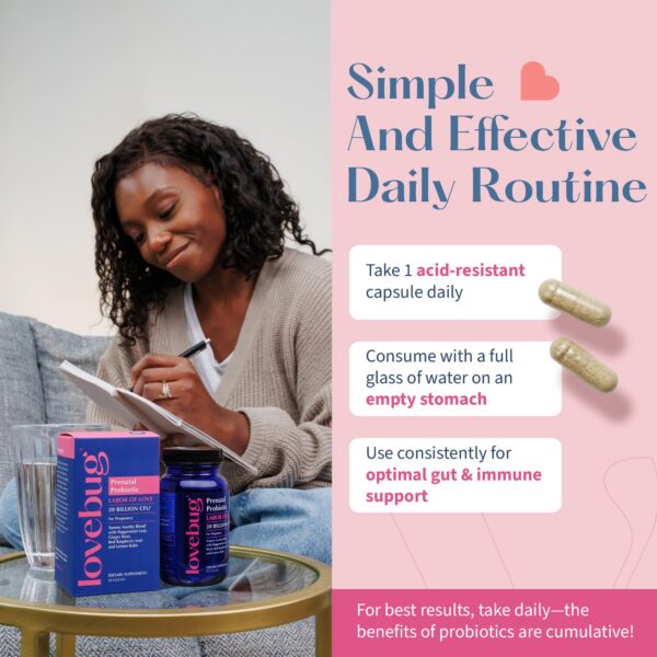 Vista lateral frasco de probióticos lovebug prenatal