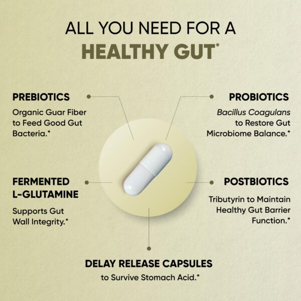 Version 1.0.0 Vista lateral frasco Sandhu's Gut Health suplemento para intestinos