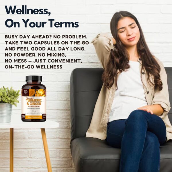 Vista lateral frasco suplemento cúrcuma jengibre Hebhac Herbs