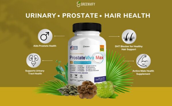 Vista lateral frasco suplemento GREENVIFY ProstateViva Max 300 cápsulas