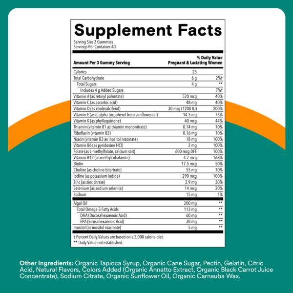 Vista lateral SmartyPants gomitas saludables para embarazo 120 unidades