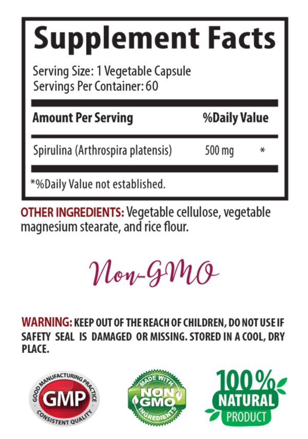 Vista lateral del suplemento de espirulina para cabello y piel sana