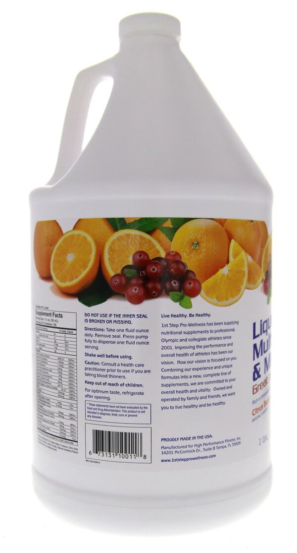 Version 1.0.0 Vista lateral suplemento líquido vitaminas minerales 1 galón