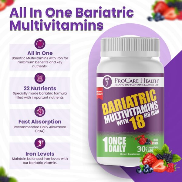 Vista lateral tabletas masticables multivitamínico bariátrico Procare Health