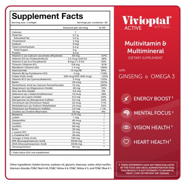 Vista posterior frasco Vivioptal Active 30 cápsulas
