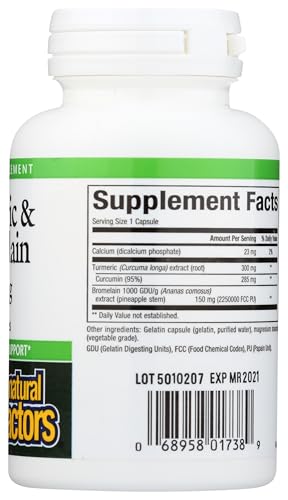 Vista de la parte trasera del envase Natural Factors Cúrcuma Bromelina