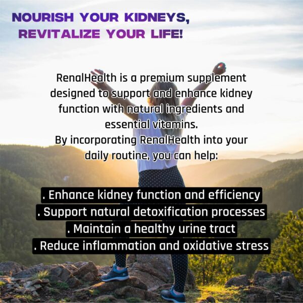 Vista trasera del envase de RenalHealth con ingredientes naturales