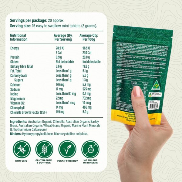 Vista trasera paquete tabletas Biogenesis SuperGreens Plus