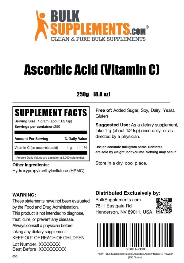 Vitamin C supplement BulkSupplements polvo 250 gramos paquete