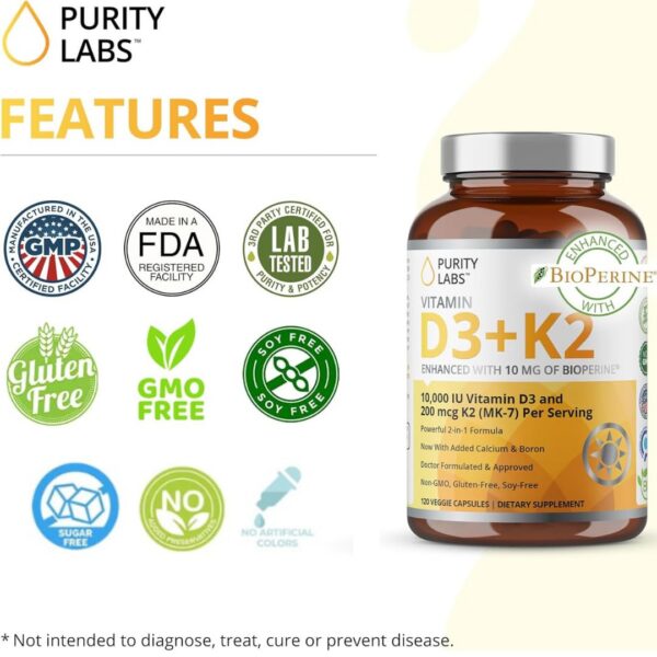 Vitamin D3 K2 Purity Labs para huesos, inmunidad y piel saludable
